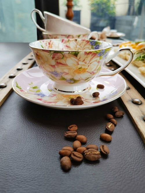Pink Floral Tea Cup and Saucer Set, Bone China Tea Set, Coffee Cup,
