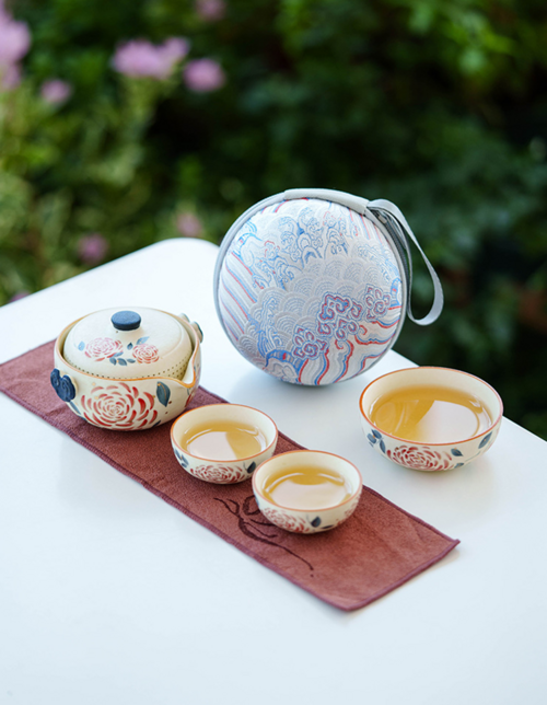 Portable Travel Tea Set – Yanmian White Porcelain Gold Rose Ruyi