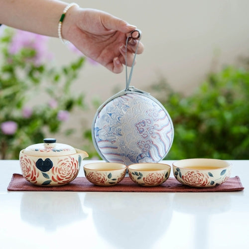 Portable Travel Tea Set – Yanmian White Porcelain Gold Rose Ruyi