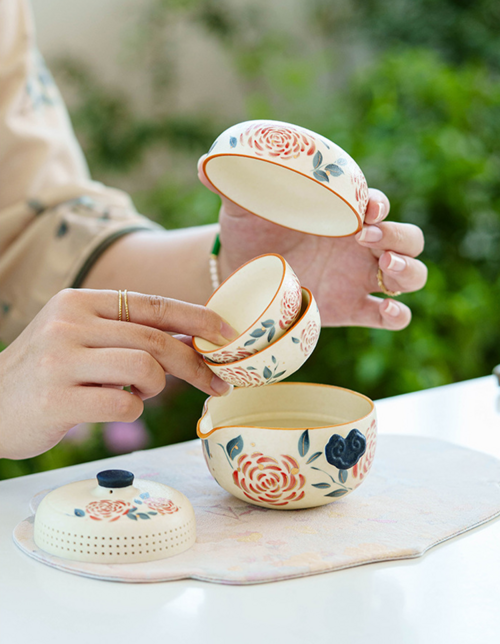 Portable Travel Tea Set – Yanmian White Porcelain Gold Rose Ruyi