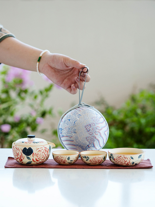 Portable Travel Tea Set – Yanmian White Porcelain Gold Rose Ruyi