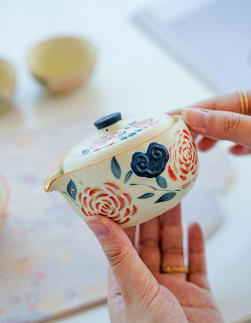 Portable Travel Tea Set – Yanmian White Porcelain Gold Rose Ruyi
