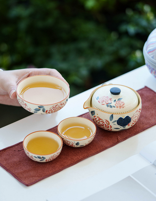 Portable Travel Tea Set – Yanmian White Porcelain Gold Rose Ruyi