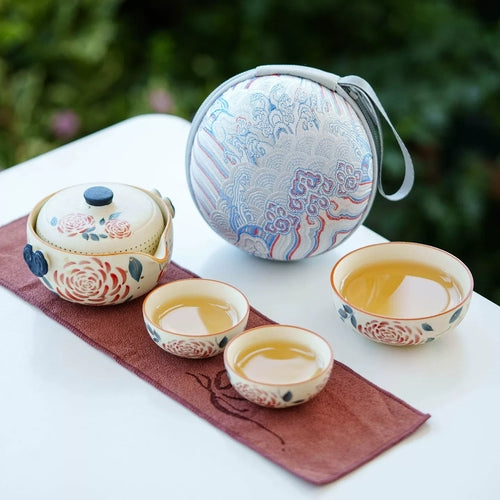 Portable Travel Tea Set – Yanmian White Porcelain Gold Rose Ruyi
