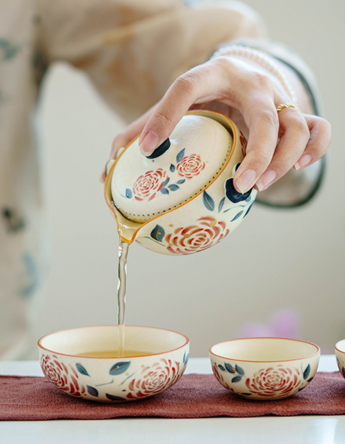 Portable Travel Tea Set – Yanmian White Porcelain Gold Rose Ruyi