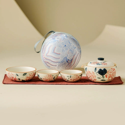 Portable Travel Tea Set – Yanmian White Porcelain Gold Rose Ruyi