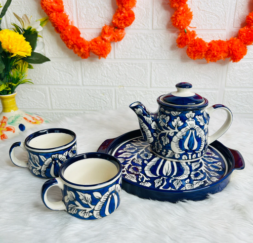 NAVY BLUE FLORAL KETTLE SET WITH TRAY (1 Teapot & 2 Cups )