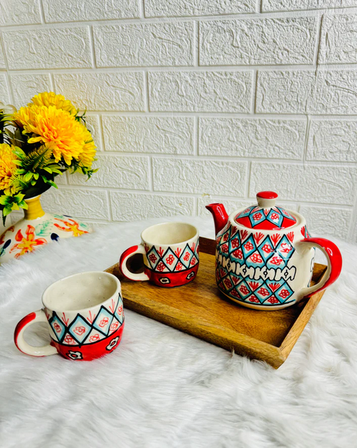 RED KETTLE SET WITH TRAY (1 Teapot & 2 cups)